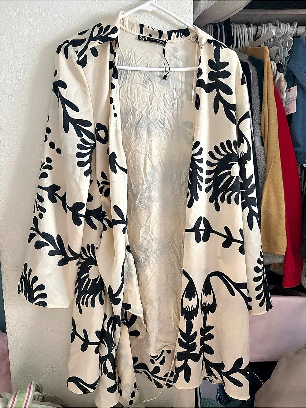 Zara Floral Open Front Cover-Up in Cream & Black